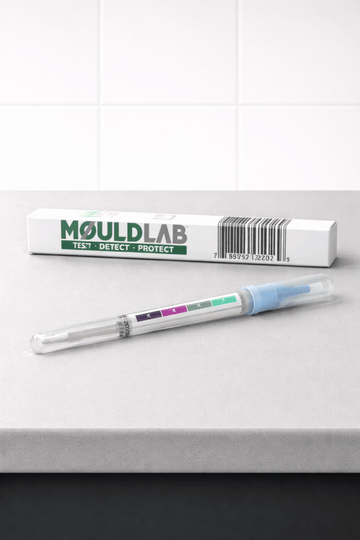 Mold Surface Test kit from MiljøLab on a countertop, designed to detect mold residues quickly.
